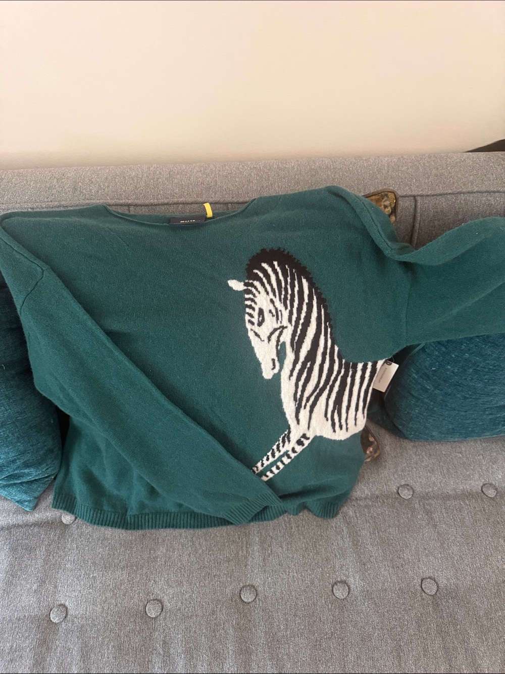 Anthropologie Teal Crewneck Sweater with Zebra Intarsia